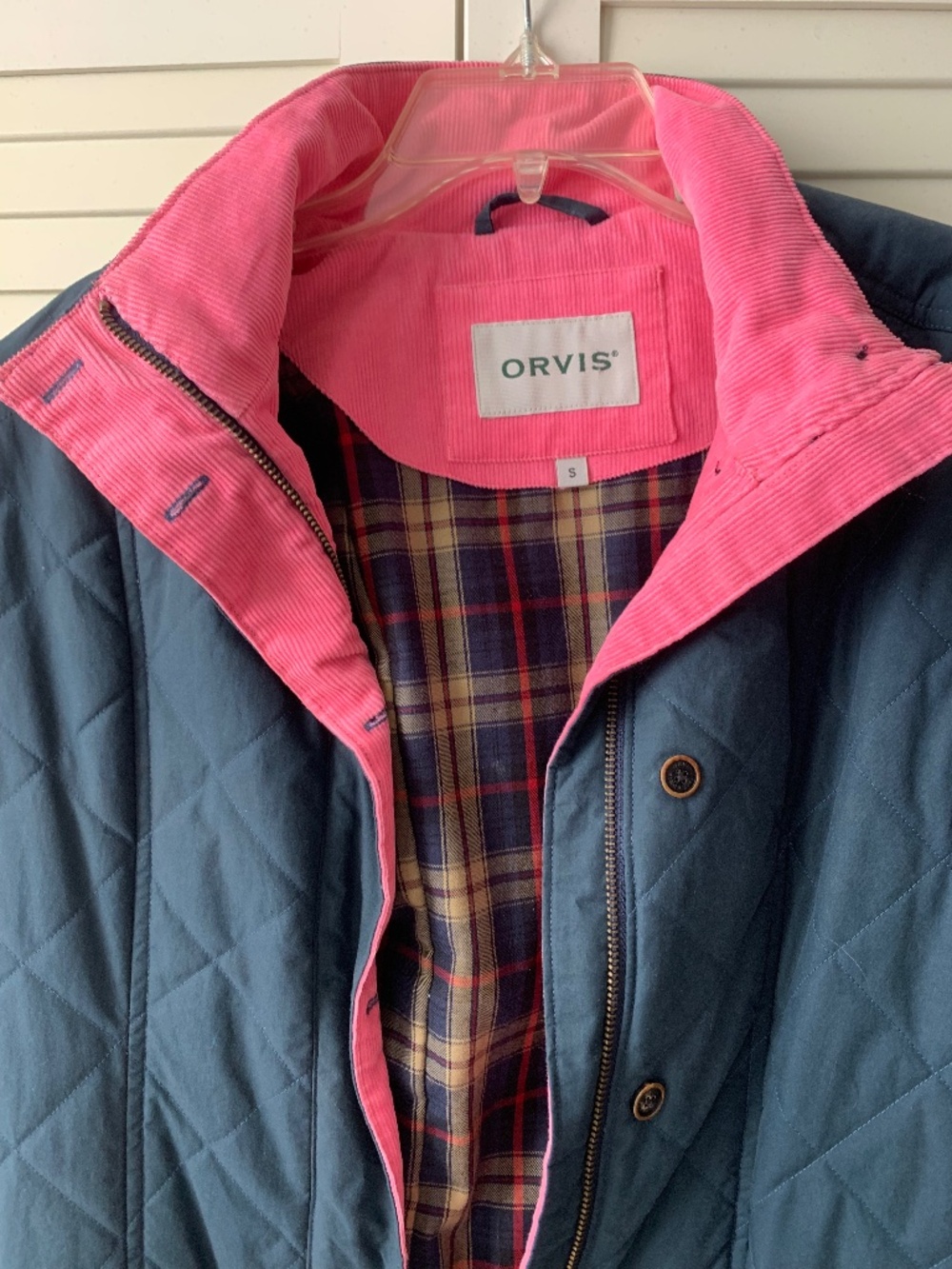 ORVIS Navy Quilted Jacket Coat, Pink Corduroy Collar, Plaid Inner Lining, Sz S